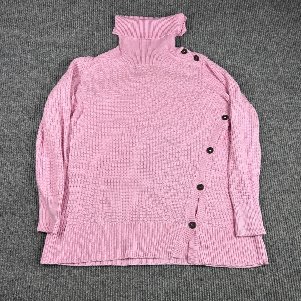 Woman Within Sweater Women's M Pink Turtleneck Button Side Waffle‎ Knit